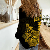 Hawaii Kakau Women Casual Shirt Polynesian Floral Tribal Gold Version LT9 - Polynesian Pride