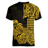 Hawaii Kakau Women V Neck T Shirt Polynesian Floral Tribal Gold Version LT9 - Polynesian Pride