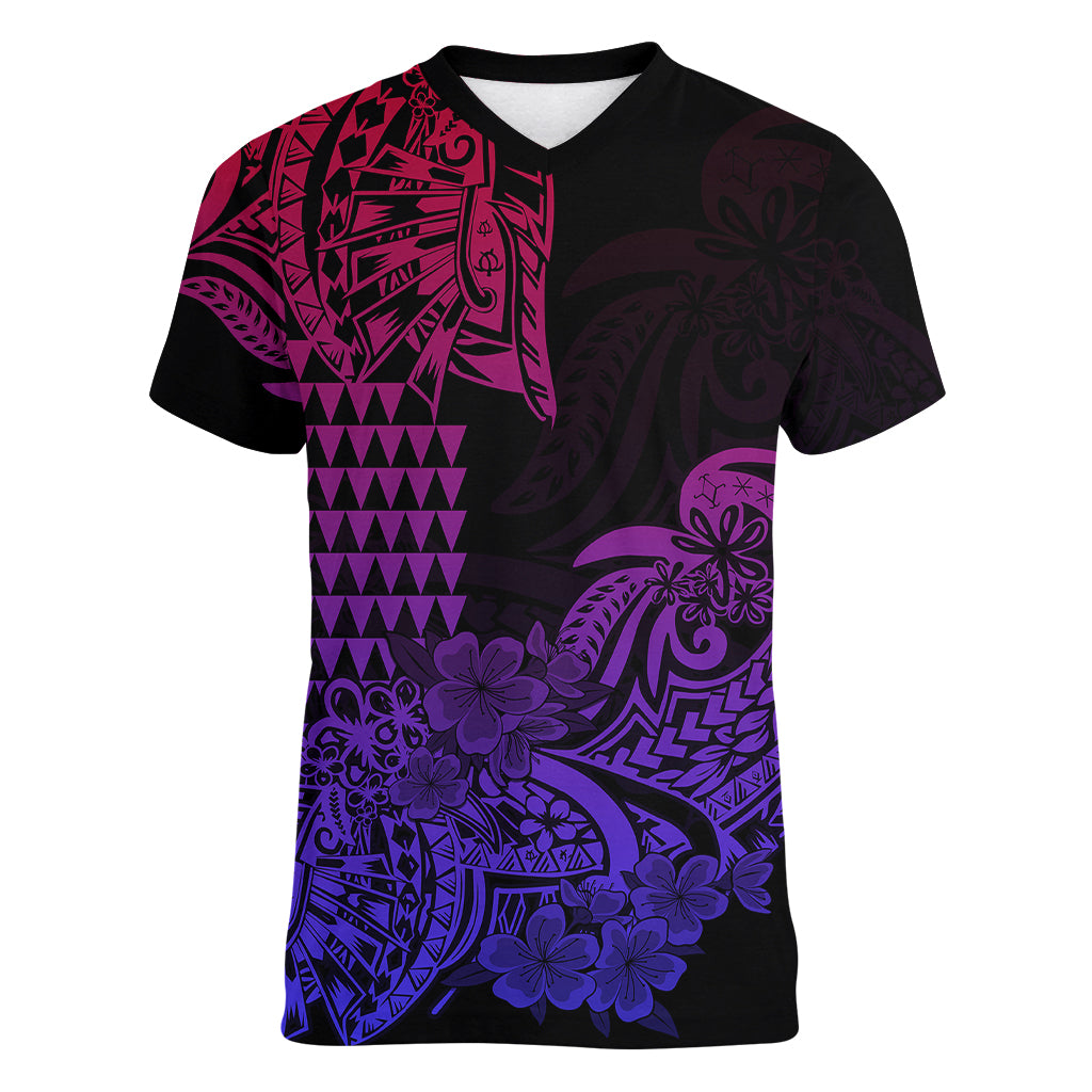 Hawaii Kakau Women V Neck T Shirt Polynesian Floral Tribal Gradient Version LT9 - Polynesian Pride