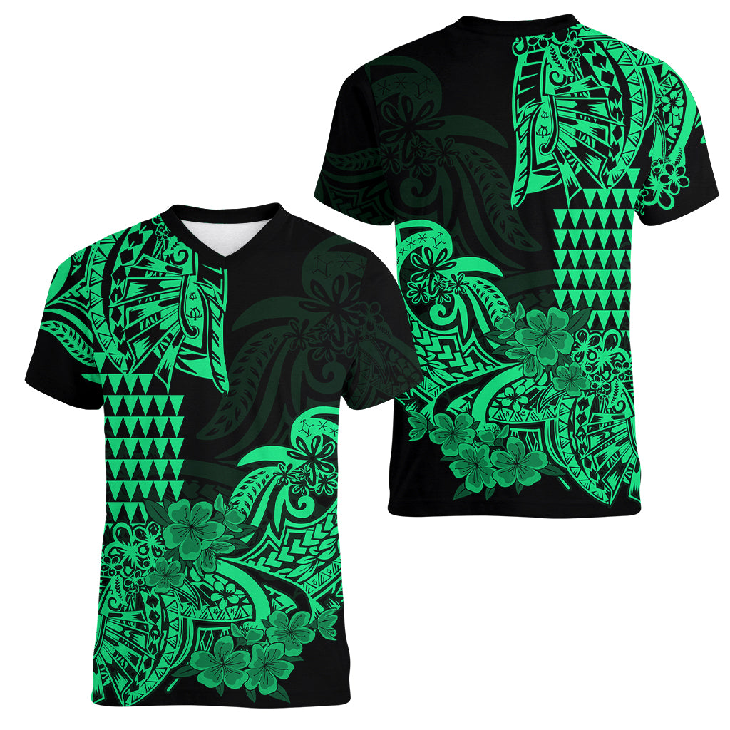 Hawaii Kakau Women V Neck T Shirt Polynesian Floral Tribal Green Version LT9 Female Green - Polynesian Pride