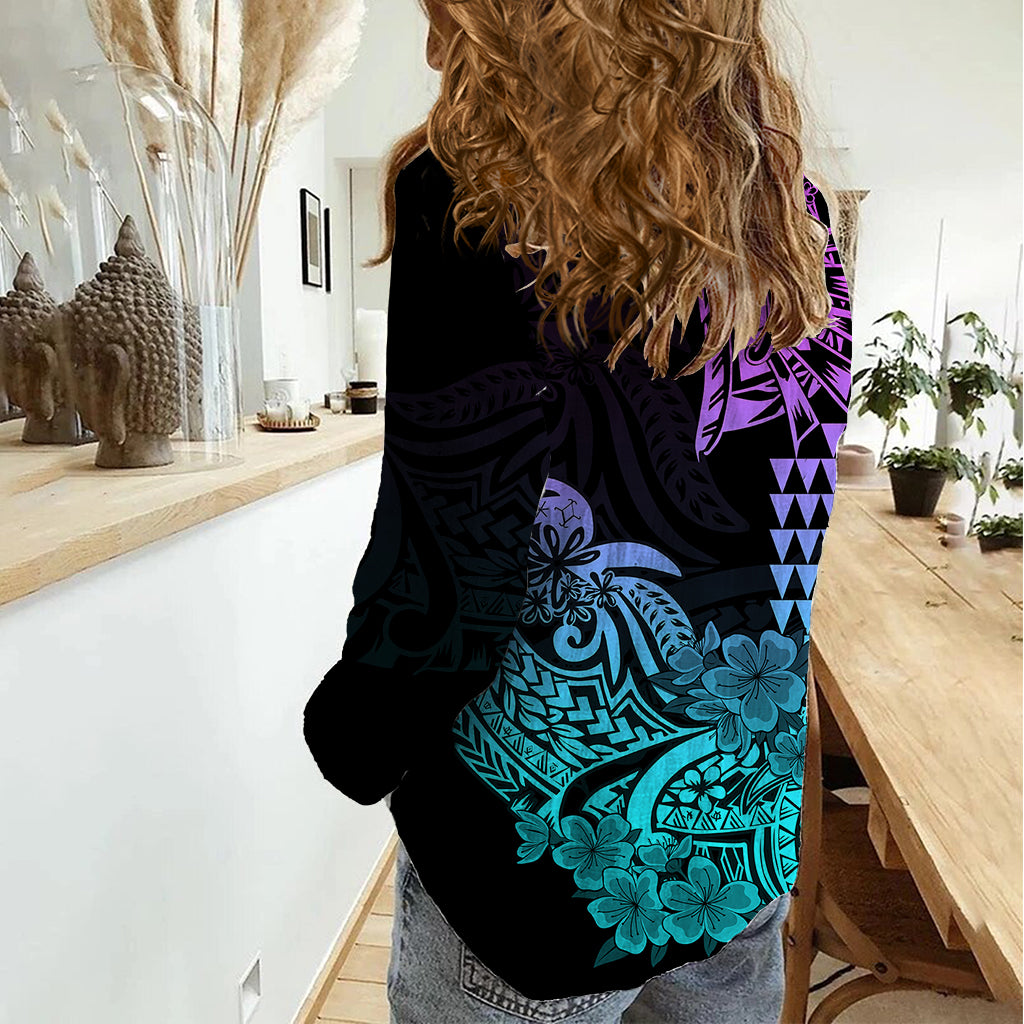 Hawaii Kakau Women Casual Shirt Polynesian Floral Tribal Heliotrope Version LT9 - Polynesian Pride