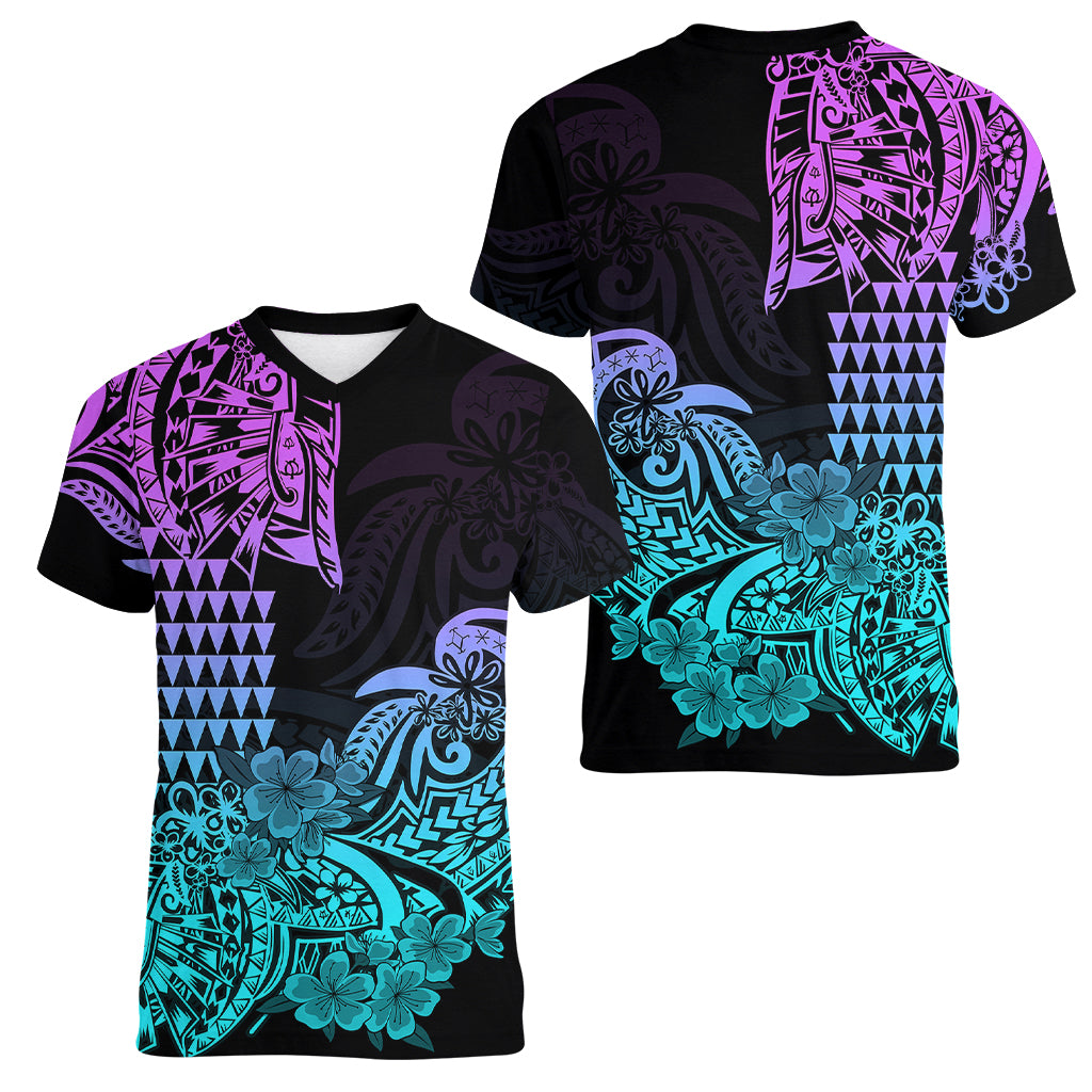 Hawaii Kakau Women V Neck T Shirt Polynesian Floral Tribal Heliotrope Version LT9 Female Heliotrope - Polynesian Pride