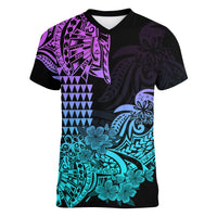Hawaii Kakau Women V Neck T Shirt Polynesian Floral Tribal Heliotrope Version LT9 - Polynesian Pride
