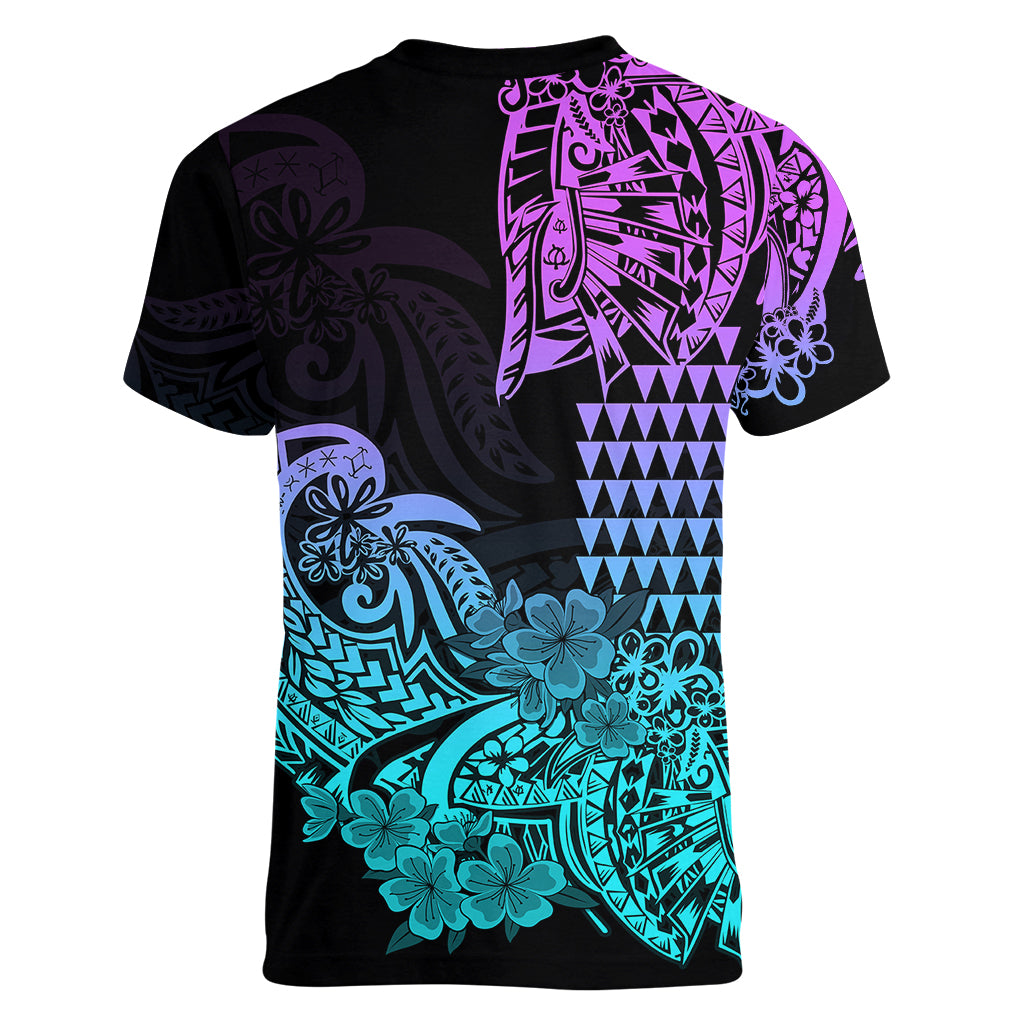 Hawaii Kakau Women V Neck T Shirt Polynesian Floral Tribal Heliotrope Version LT9 - Polynesian Pride