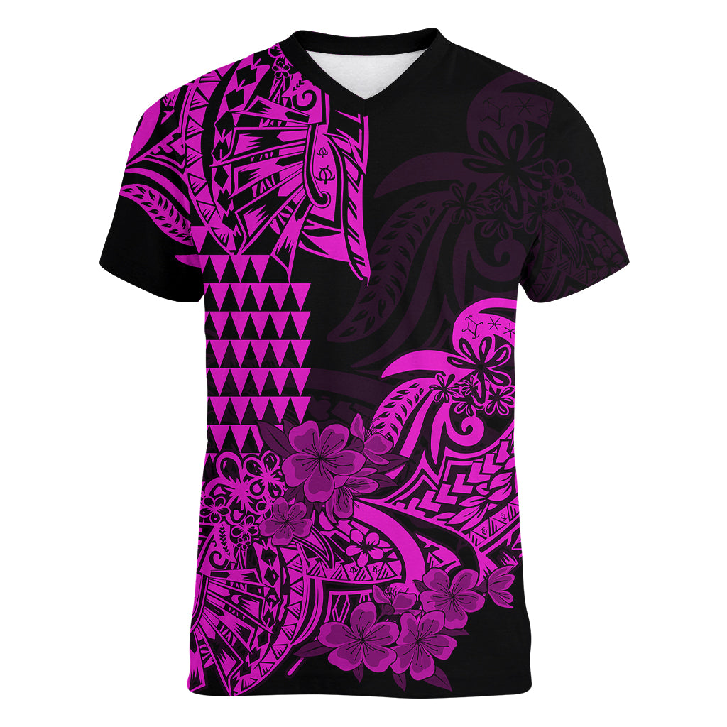 Hawaii Kakau Women V Neck T Shirt Polynesian Floral Tribal Purple Version LT9 - Polynesian Pride