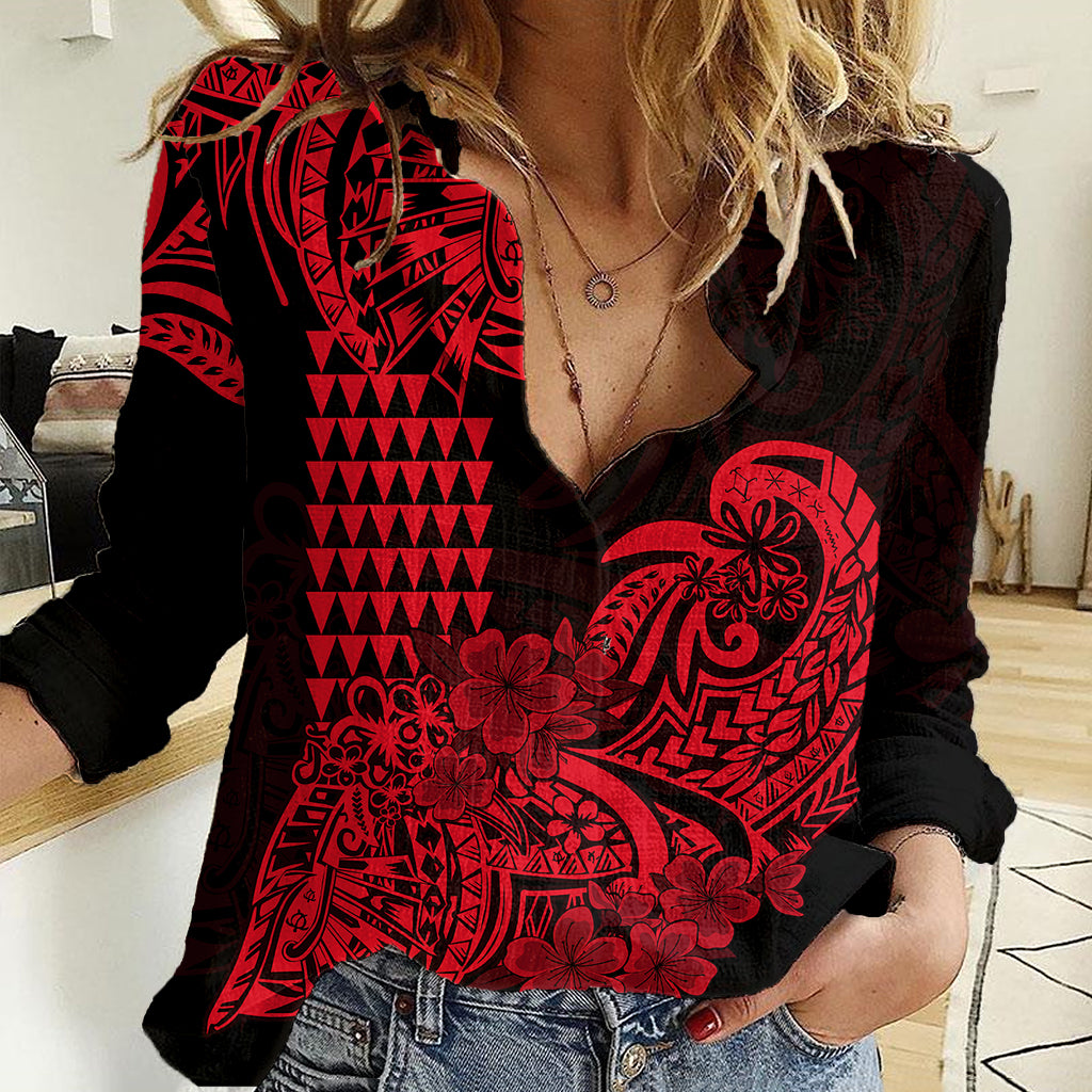 Hawaii Kakau Women Casual Shirt Polynesian Floral Tribal Red Version LT9 Female Red - Polynesian Pride
