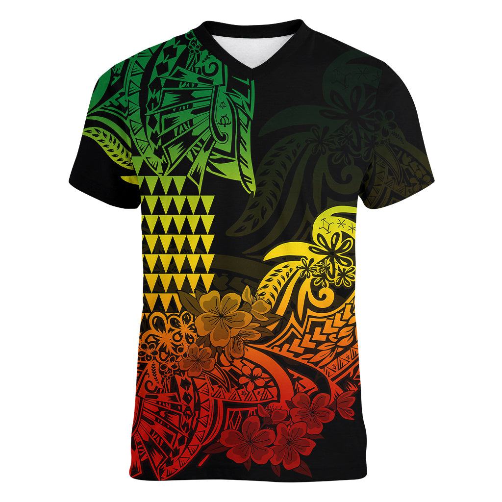 Hawaii Kakau Women V Neck T Shirt Polynesian Floral Tribal Reggae Version LT9 - Polynesian Pride