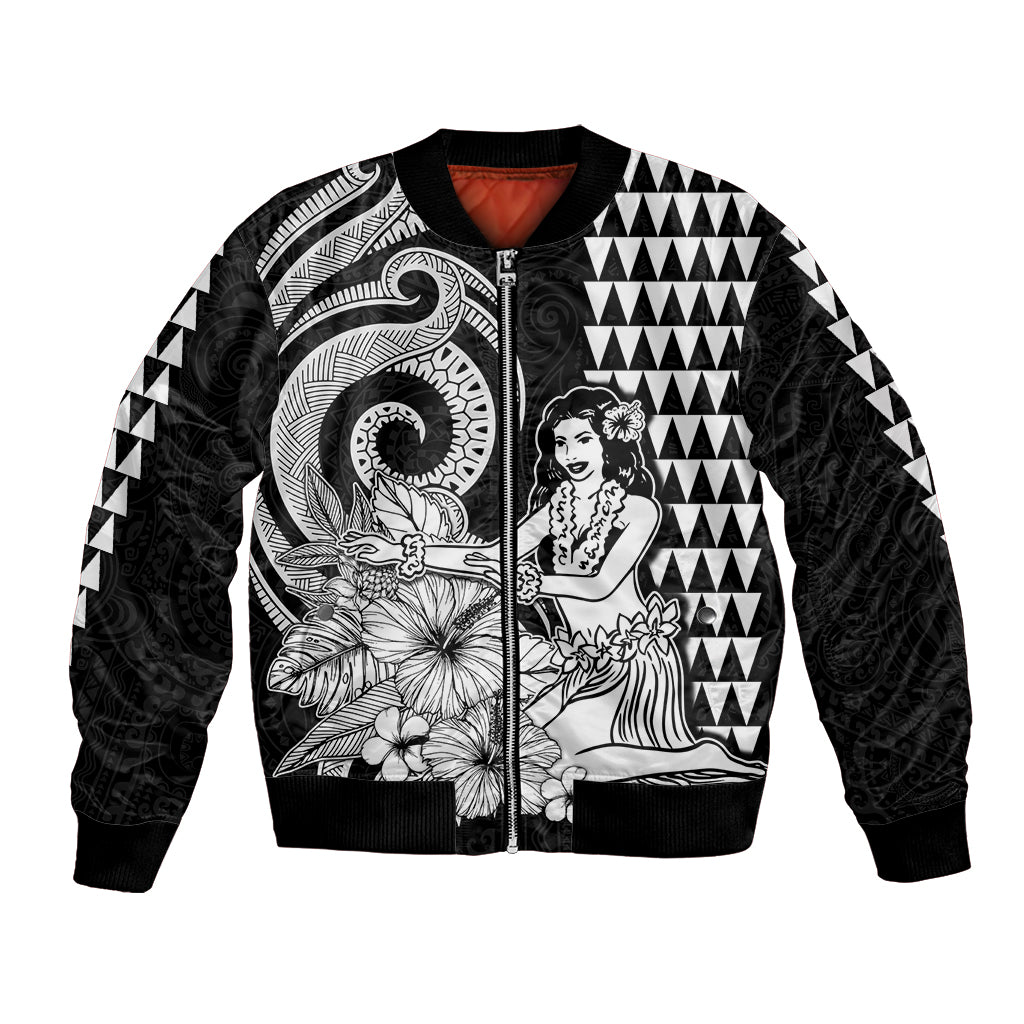 Aloha Hula Girl Hawaiian Tribal and Simple Kakau Bomber Jacket LT9 Unisex Black - Polynesian Pride