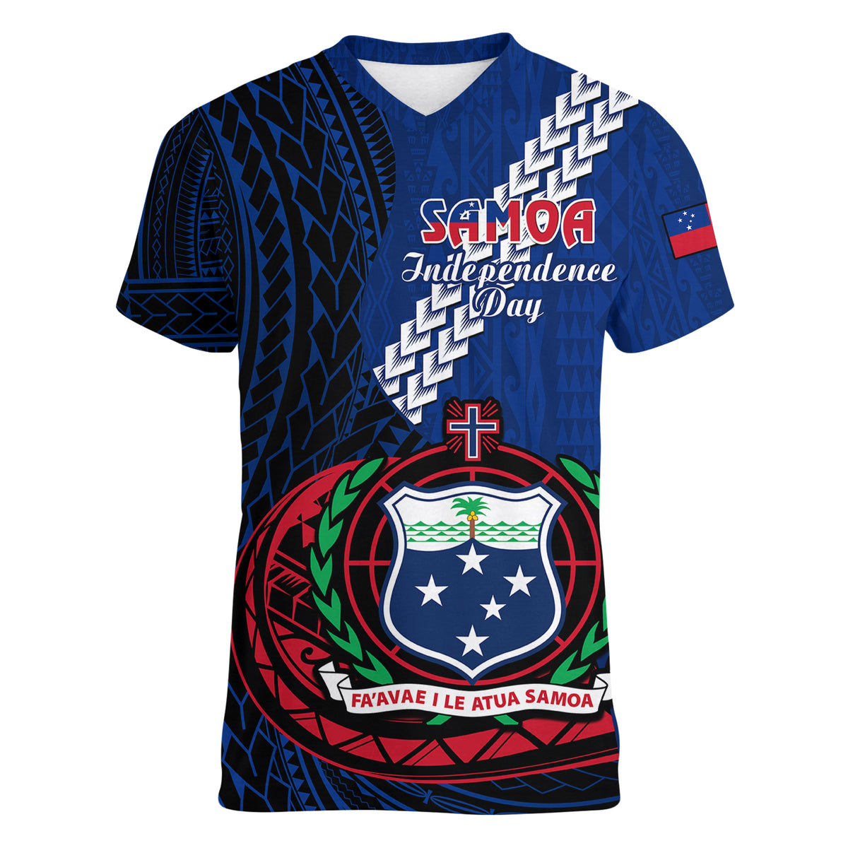 Samoa Women V Neck T Shirt Happy Independence Day Samoan Blue Pattern LT14 - Polynesian Pride