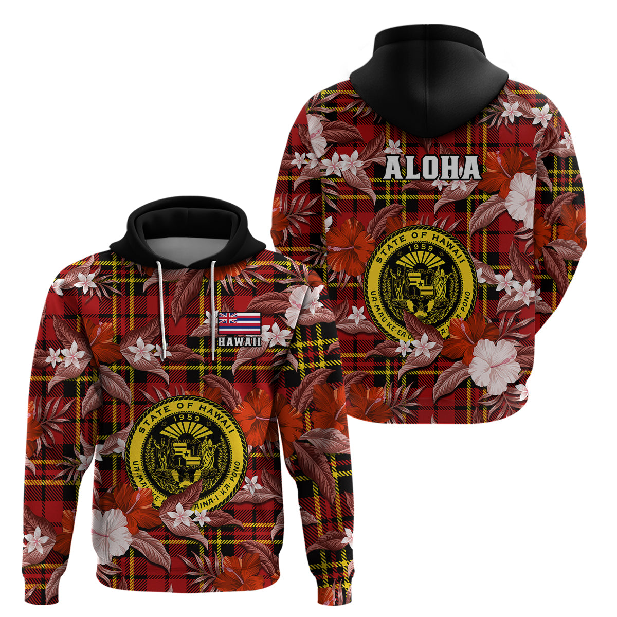 Hawaii State Hoodie Tropical Flowers Mix Tartan Red Version LT14 Pullover Hoodie Red - Polynesian Pride