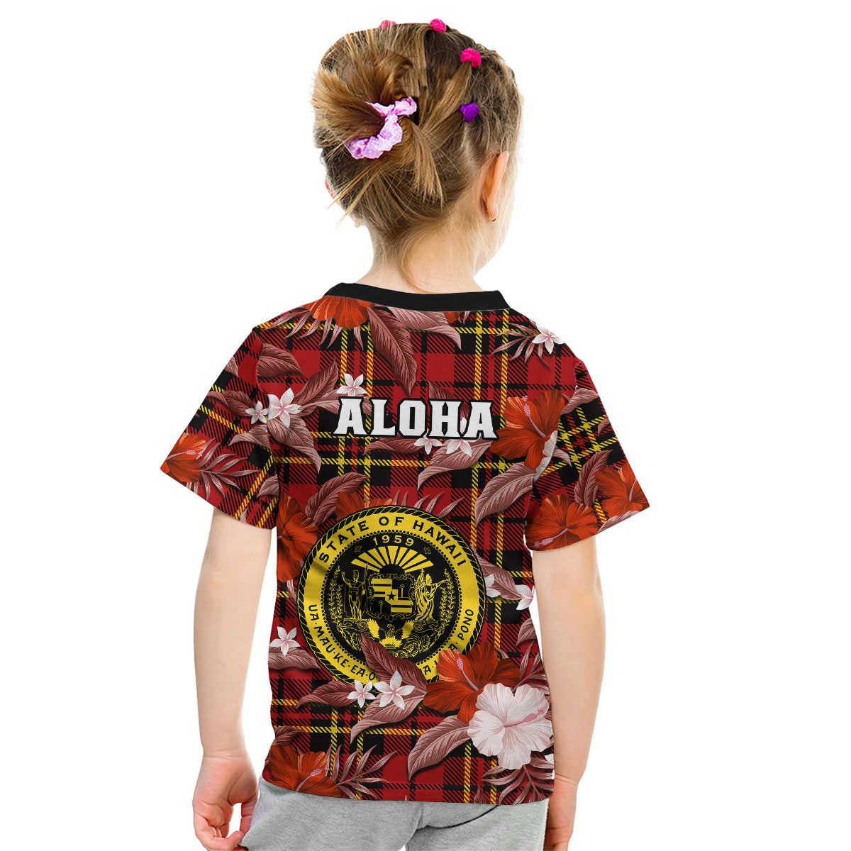 Hawaii State Kid T Shirt Tropical Flowers Mix Tartan Red Version LT14 - Polynesian Pride