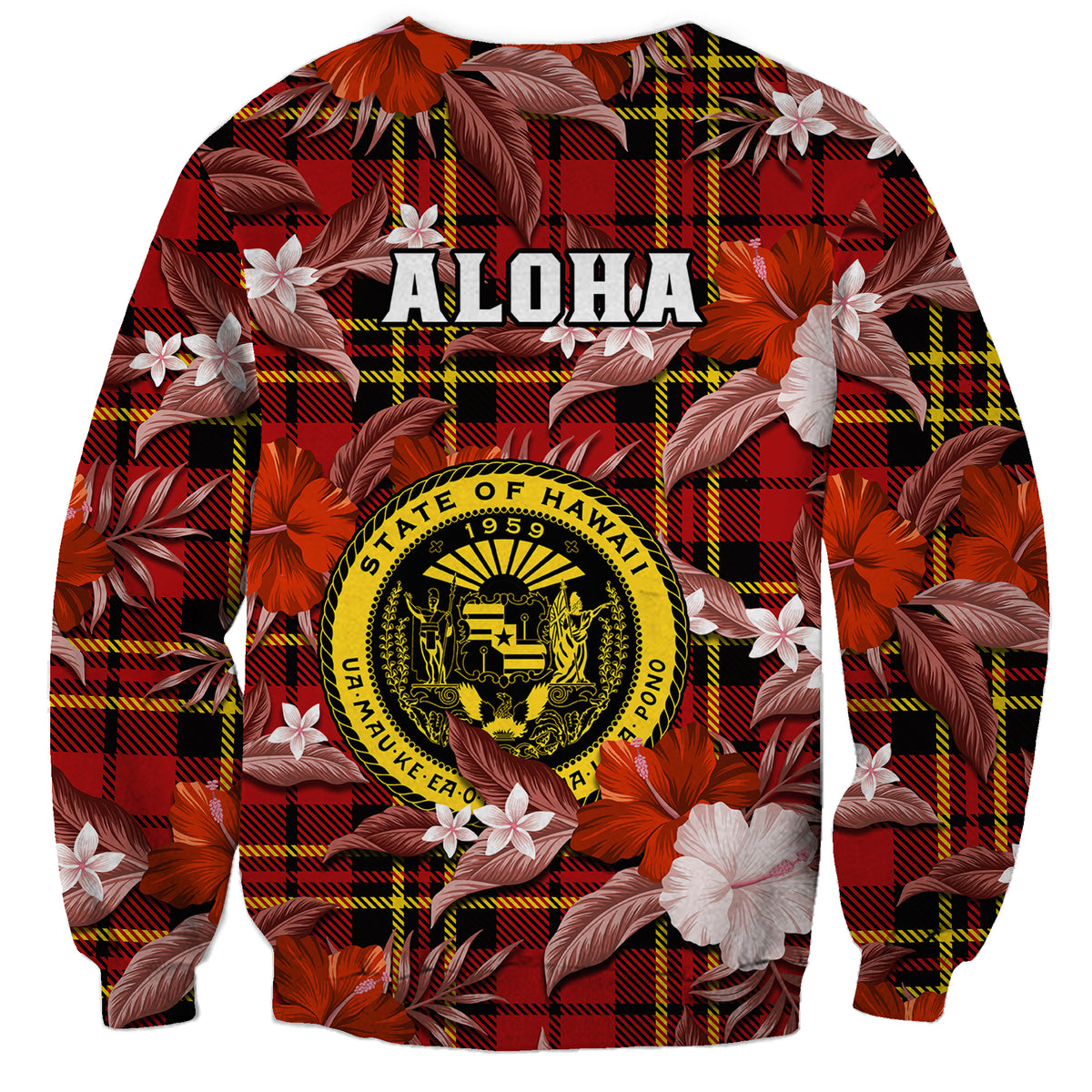 Hawaii State Sweatshirt Tropical Flowers Mix Tartan Red Version LT14 - Polynesian Pride