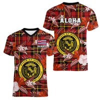 Hawaii State Women V Neck T Shirt Tropical Flowers Mix Tartan Red Version LT14 Female Red - Polynesian Pride