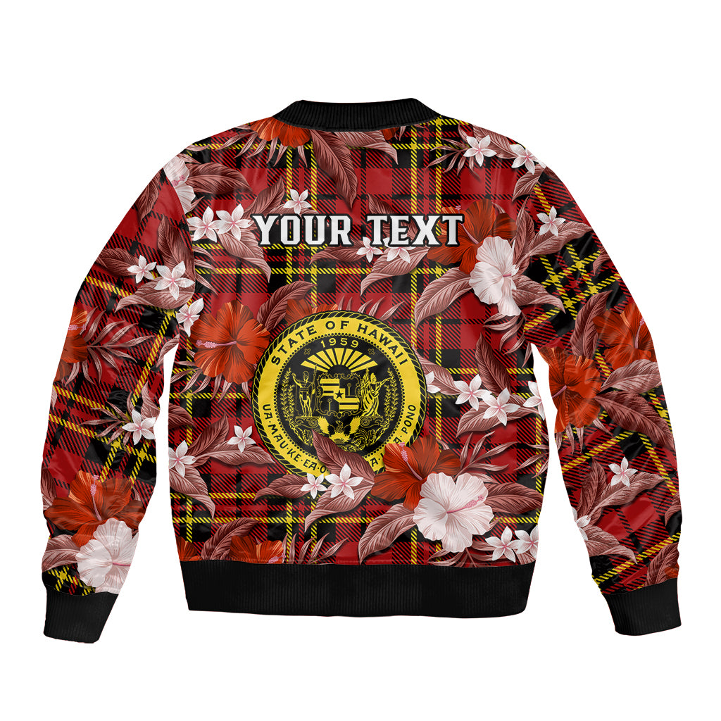 (Custom Personalised) Hawaii State Sleeve Zip Bomber Jacket Tropical Flowers Mix Tartan Red Version LT14 - Polynesian Pride