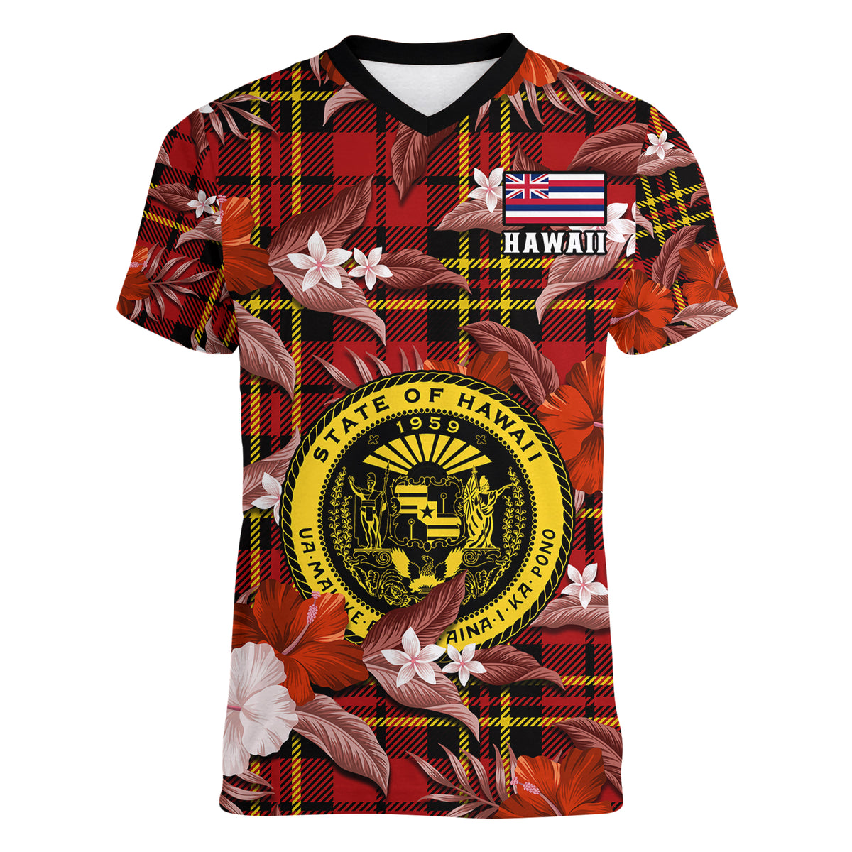 (Custom Personalised) Hawaii State Women V Neck T Shirt Tropical Flowers Mix Tartan Red Version LT14 - Polynesian Pride