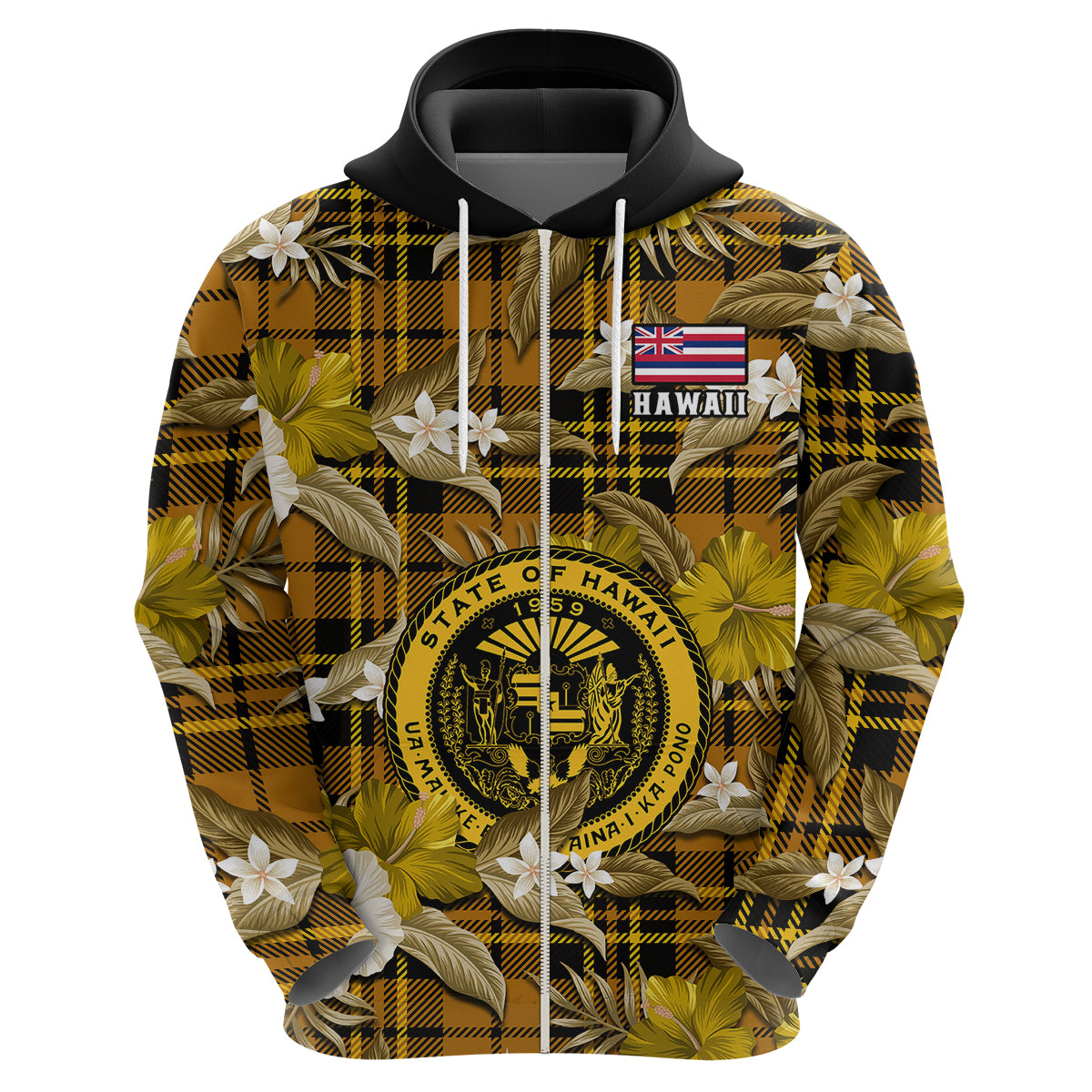 Hawaii State Hoodie Tropical Flowers Mix Tartan Gold Version LT14 - Polynesian Pride