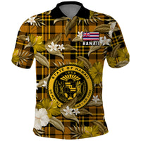 Hawaii State Polo Shirt Tropical Flowers Mix Tartan Gold Version LT14 Gold - Polynesian Pride