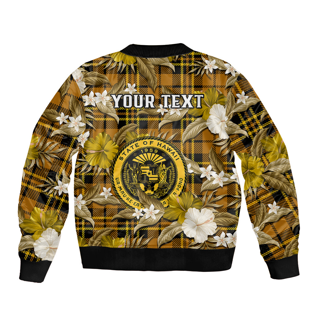 (Custom Personalised) Hawaii State Sleeve Zip Bomber Jacket Tropical Flowers Mix Tartan Gold Version LT14 - Polynesian Pride