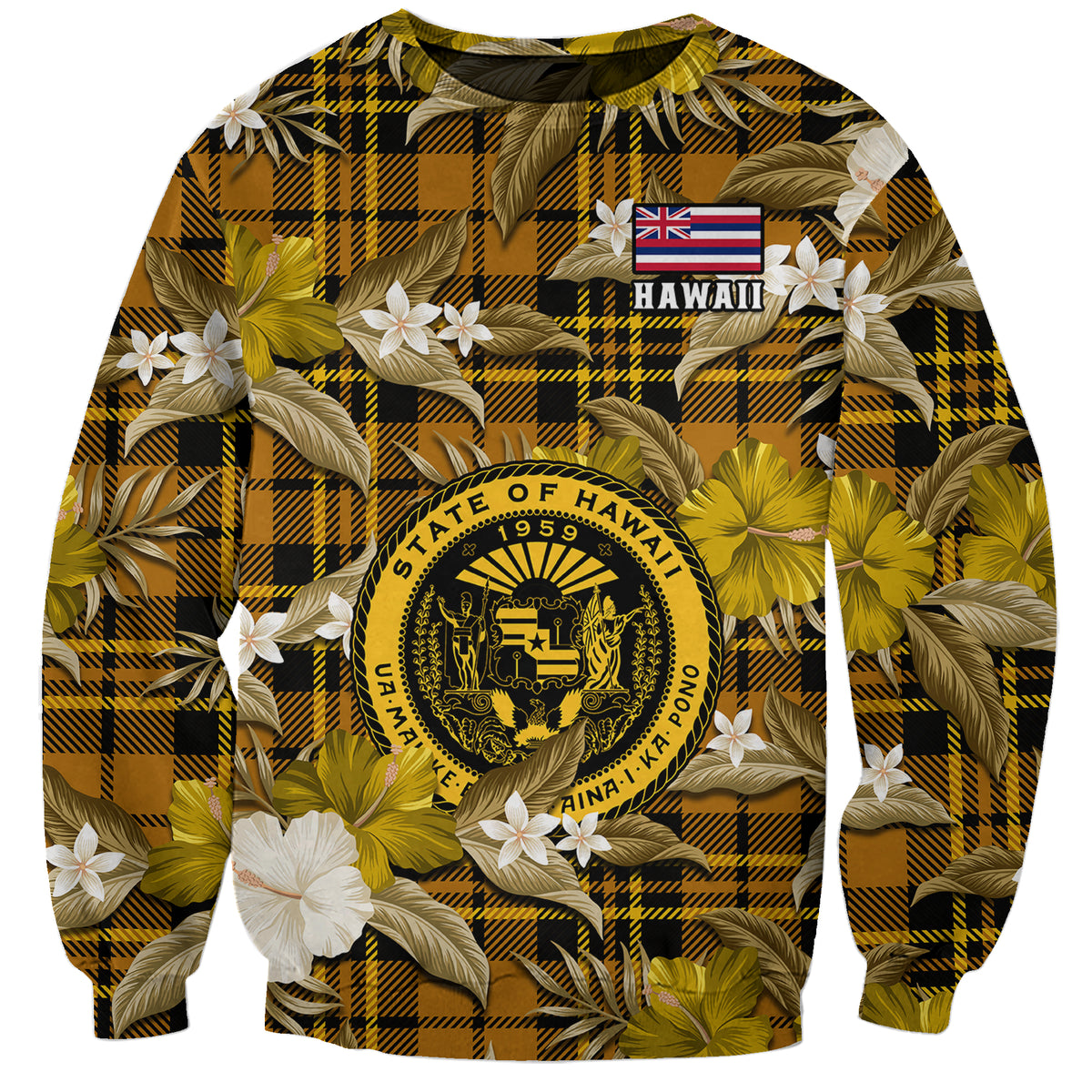 (Custom Personalised) Hawaii State Sweatshirt Tropical Flowers Mix Tartan Gold Version LT14 Unisex Gold - Polynesian Pride