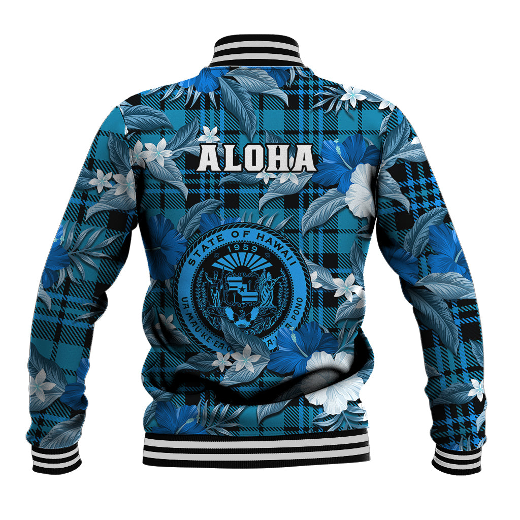 Hawaii State Baseball Jacket Tropical Flowers Mix Tartan Blue Version LT14 - Polynesian Pride