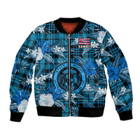 Hawaii State Bomber Jacket Tropical Flowers Mix Tartan Blue Version LT14 Unisex Blue - Polynesian Pride