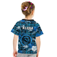 Hawaii State Kid T Shirt Tropical Flowers Mix Tartan Blue Version LT14 - Polynesian Pride