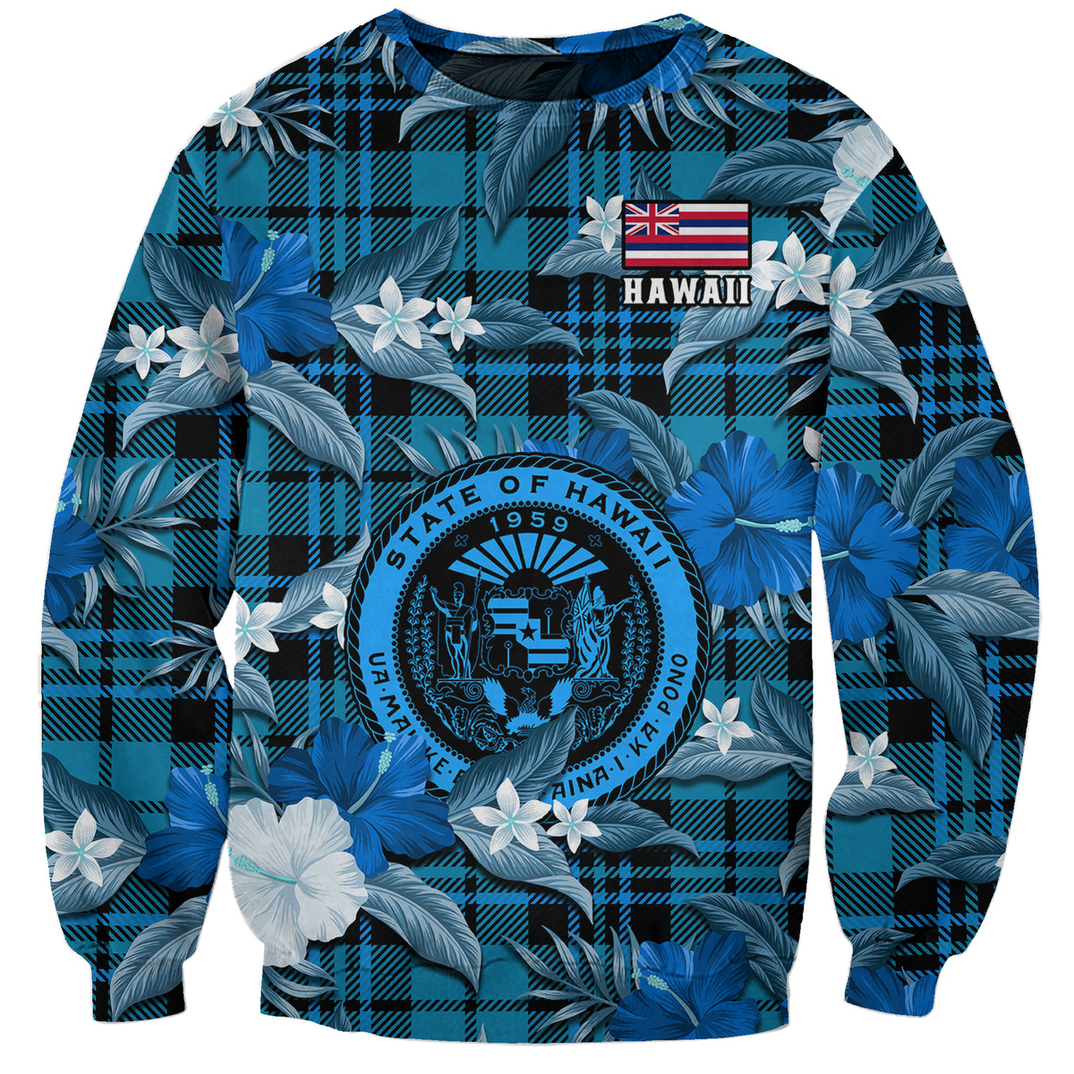 Hawaii State Sweatshirt Tropical Flowers Mix Tartan Blue Version LT14 Unisex Blue - Polynesian Pride