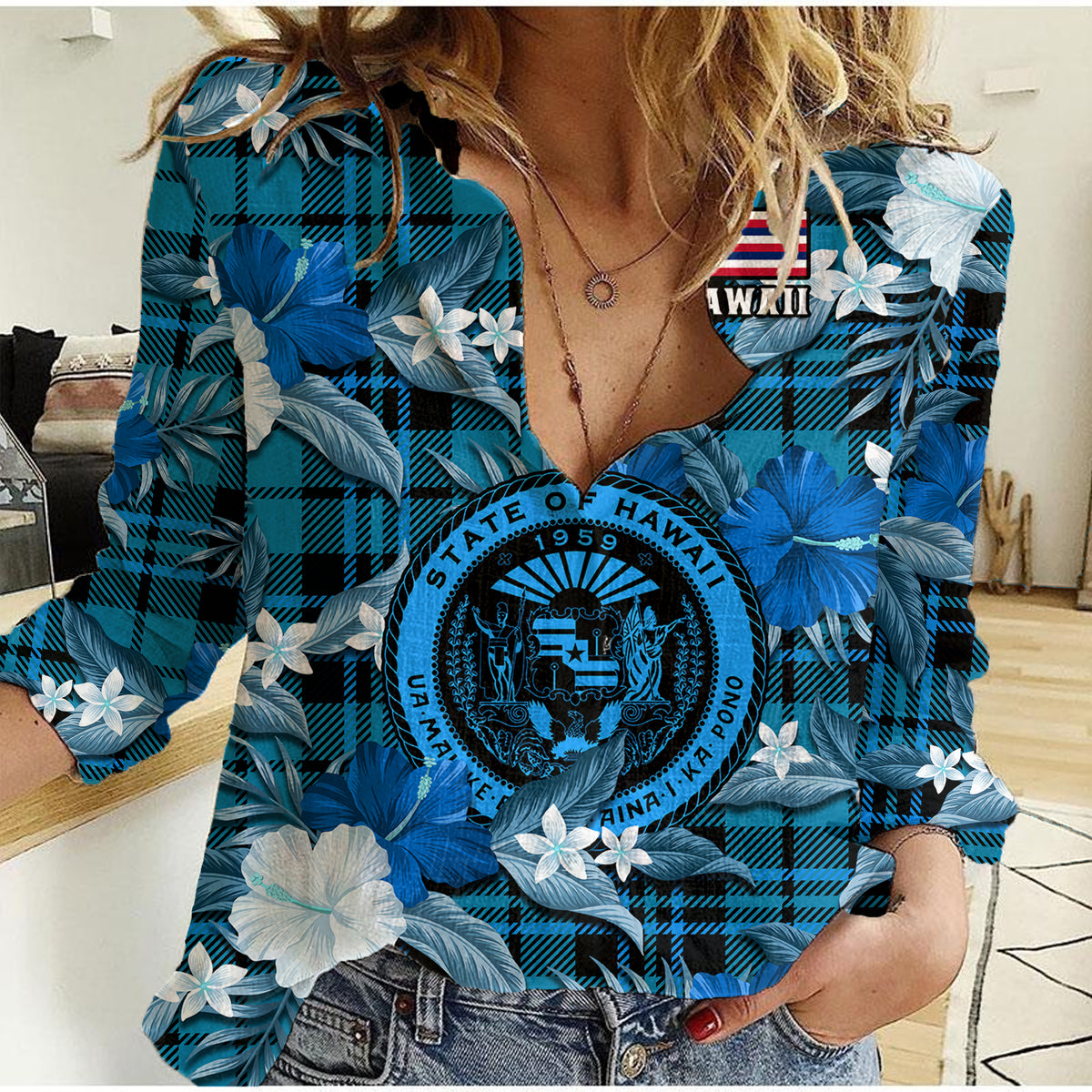 Hawaii State Women Casual Shirt Tropical Flowers Mix Tartan Blue Version LT14 Female Blue - Polynesian Pride