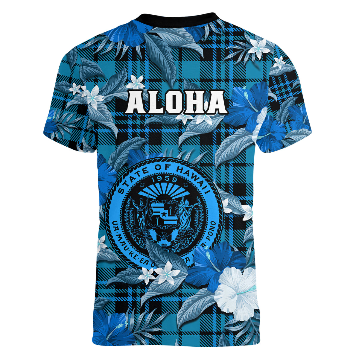 Hawaii State Women V Neck T Shirt Tropical Flowers Mix Tartan Blue Version LT14 - Polynesian Pride