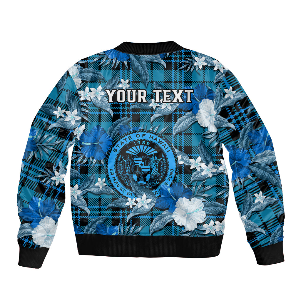 (Custom Personalised) Hawaii State Bomber Jacket Tropical Flowers Mix Tartan Blue Version LT14 - Polynesian Pride