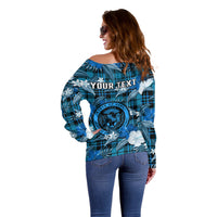 (Custom Personalised) Hawaii State Off Shoulder Sweater Tropical Flowers Mix Tartan Blue Version LT14 - Polynesian Pride