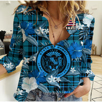 (Custom Personalised) Hawaii State Women Casual Shirt Tropical Flowers Mix Tartan Blue Version LT14 Female Blue - Polynesian Pride