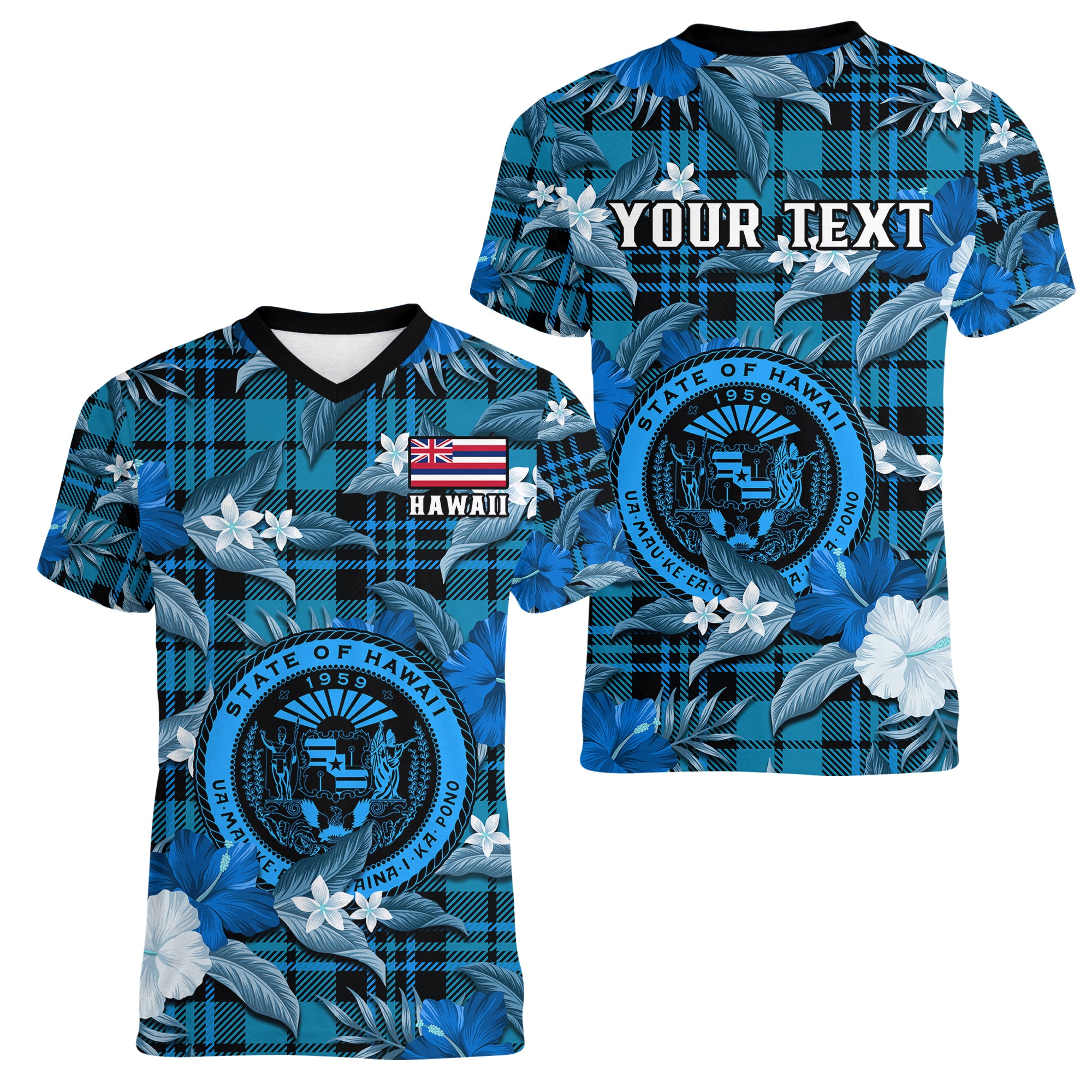 (Custom Personalised) Hawaii State Women V Neck T Shirt Tropical Flowers Mix Tartan Blue Version LT14 Female Blue - Polynesian Pride