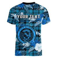 (Custom Personalised) Hawaii State Women V Neck T Shirt Tropical Flowers Mix Tartan Blue Version LT14 - Polynesian Pride