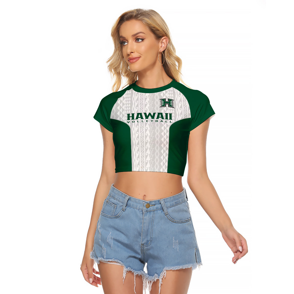 (Custom Text And Number) Hawaii Volleyball Raglan Cropped T Shirt Hawaiian Kakau White Style LT14 Female White - Polynesian Pride