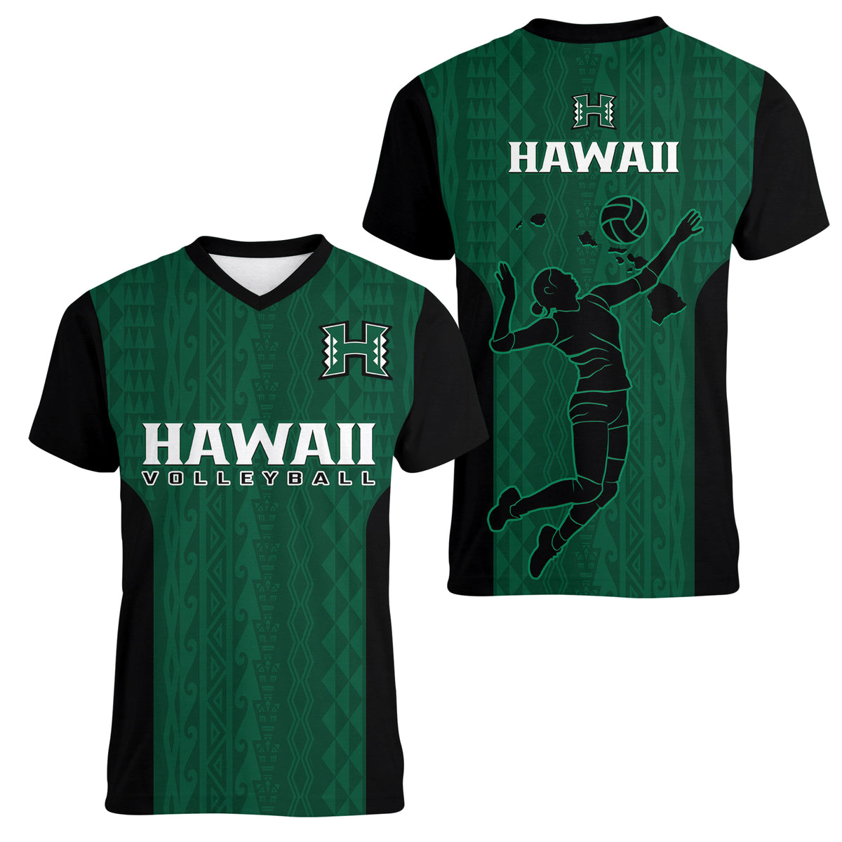 Hawaii Volleyball Women V Neck T Shirt Hawaiian Kakau Green Style LT14 Female Green - Polynesian Pride