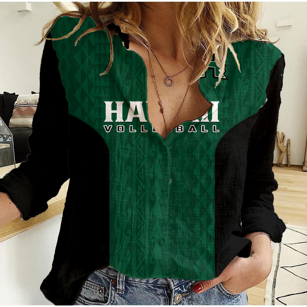 (Custom Text And Number) Hawaii Volleyball Women Casual Shirt Hawaiian Kakau Green Style LT14 Female Green - Polynesian Pride
