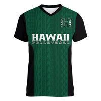(Custom Text And Number) Hawaii Volleyball Women V Neck T Shirt Hawaiian Kakau Green Style LT14 - Polynesian Pride