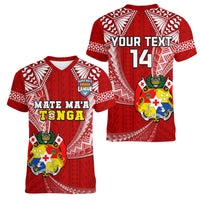 (Custom Text And Number) Tonga Rugby Women V Neck T Shirt Mate Maa Tonga Pacific Tongan Ngatu LT14 Female Red - Polynesian Pride