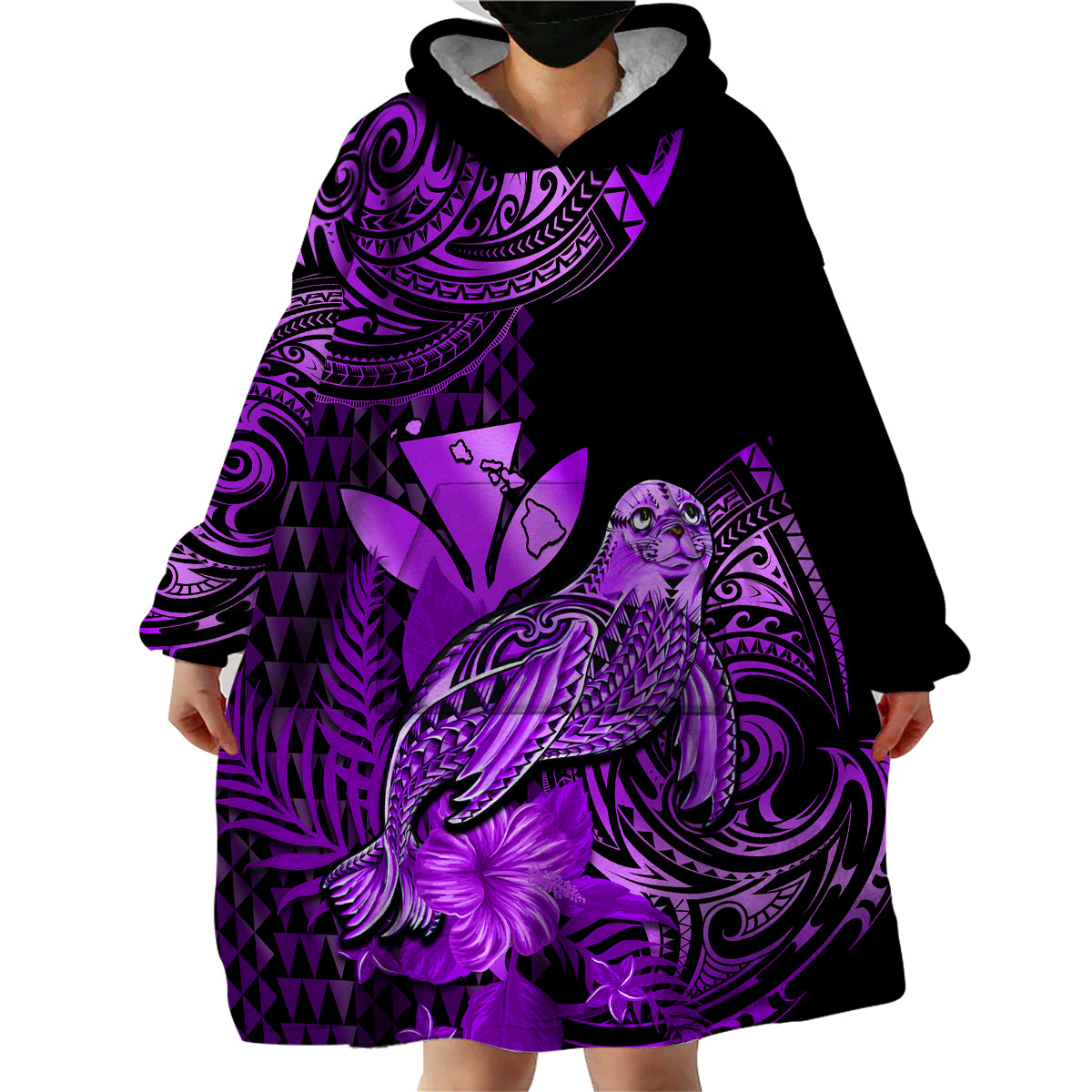 (Custom Personalised) Hawaii Monk Seal Wearable Blanket Hoodie Polynesian Kakau With Kanaka Purple LT14 - Polynesian Pride