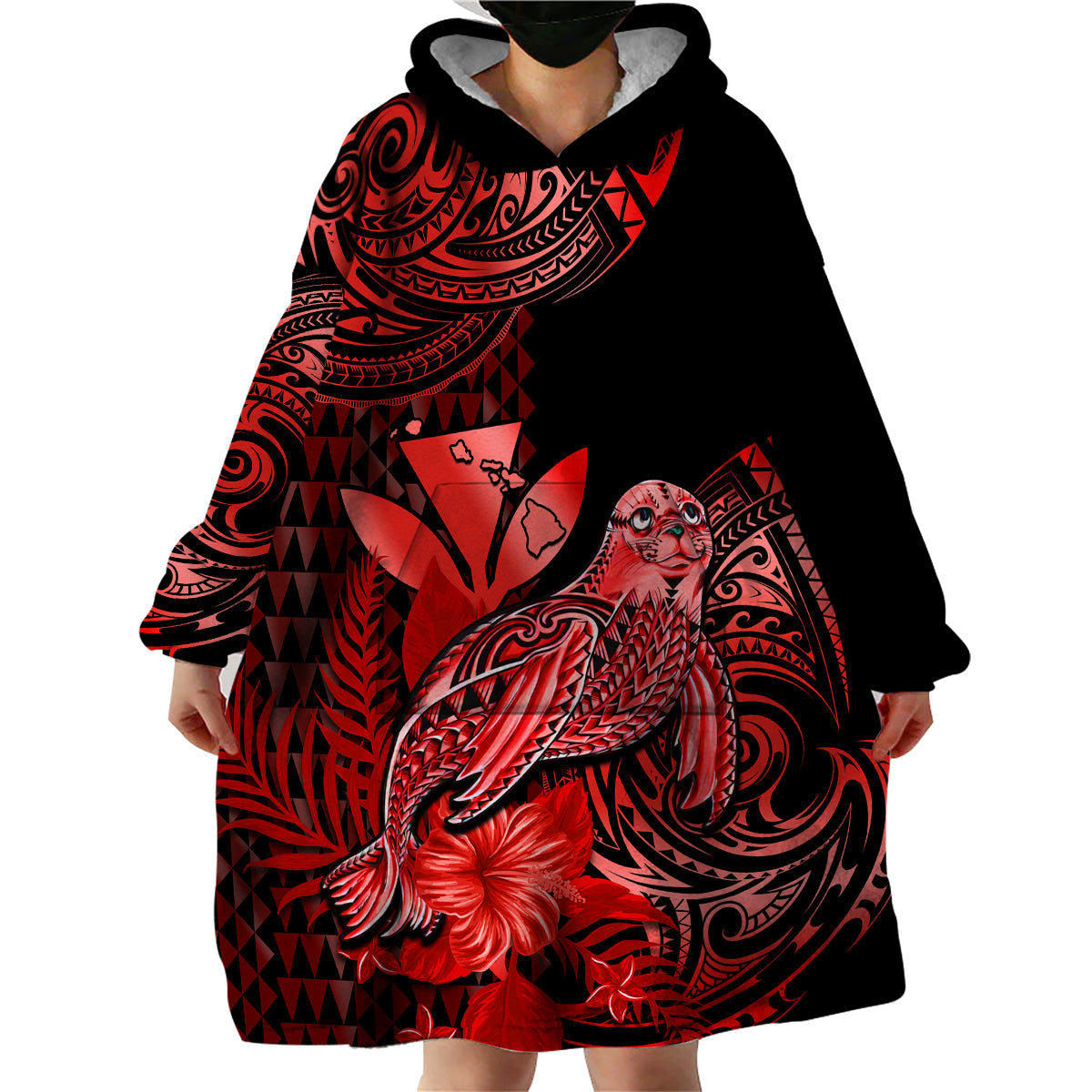 (Custom Personalised) Hawaii Monk Seal Wearable Blanket Hoodie Polynesian Kakau With Kanaka Red LT14 - Polynesian Pride