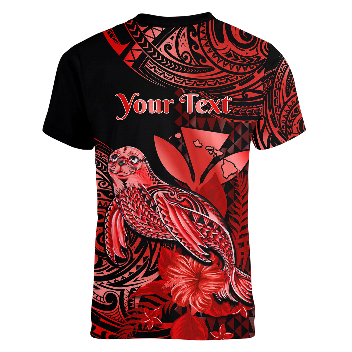 (Custom Personalised) Hawaii Monk Seal Women V Neck T Shirt Polynesian Kakau With Kanaka Red LT14 - Polynesian Pride