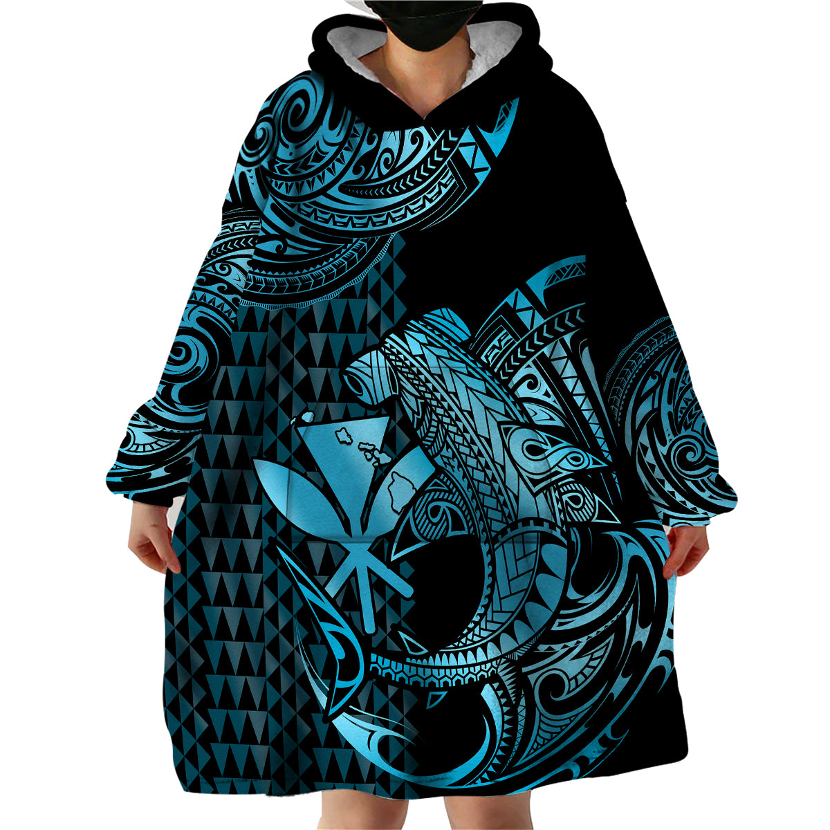 (Custom Personalised) Hawaii Hammerhead Shark Wearable Blanket Hoodie Polynesian Kakau With Kanaka Turquoise LT14 - Polynesian Pride