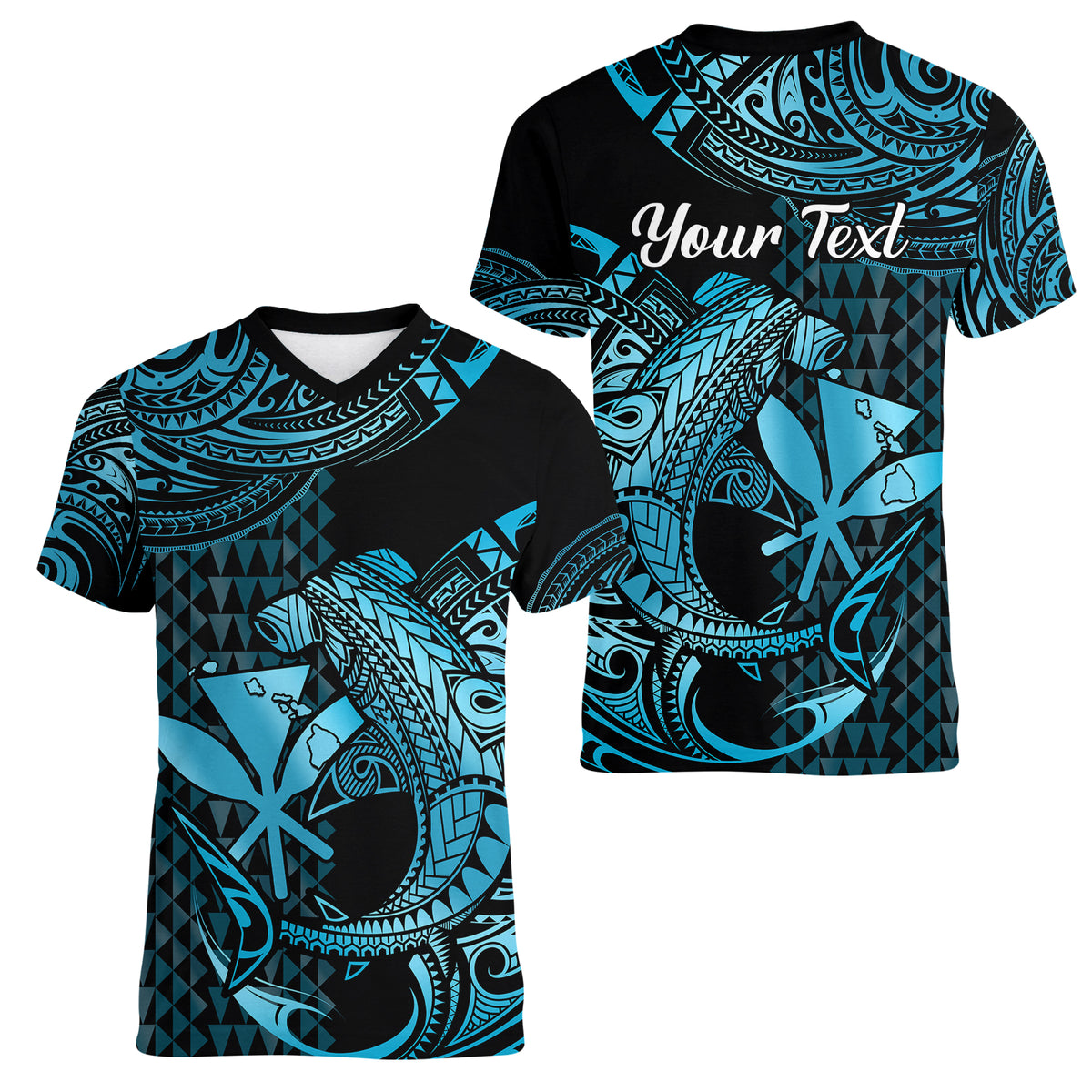 (Custom Personalised) Hawaii Hammerhead Shark Women V Neck T Shirt Polynesian Kakau With Kanaka Turquoise LT14 Female Turquoise - Polynesian Pride