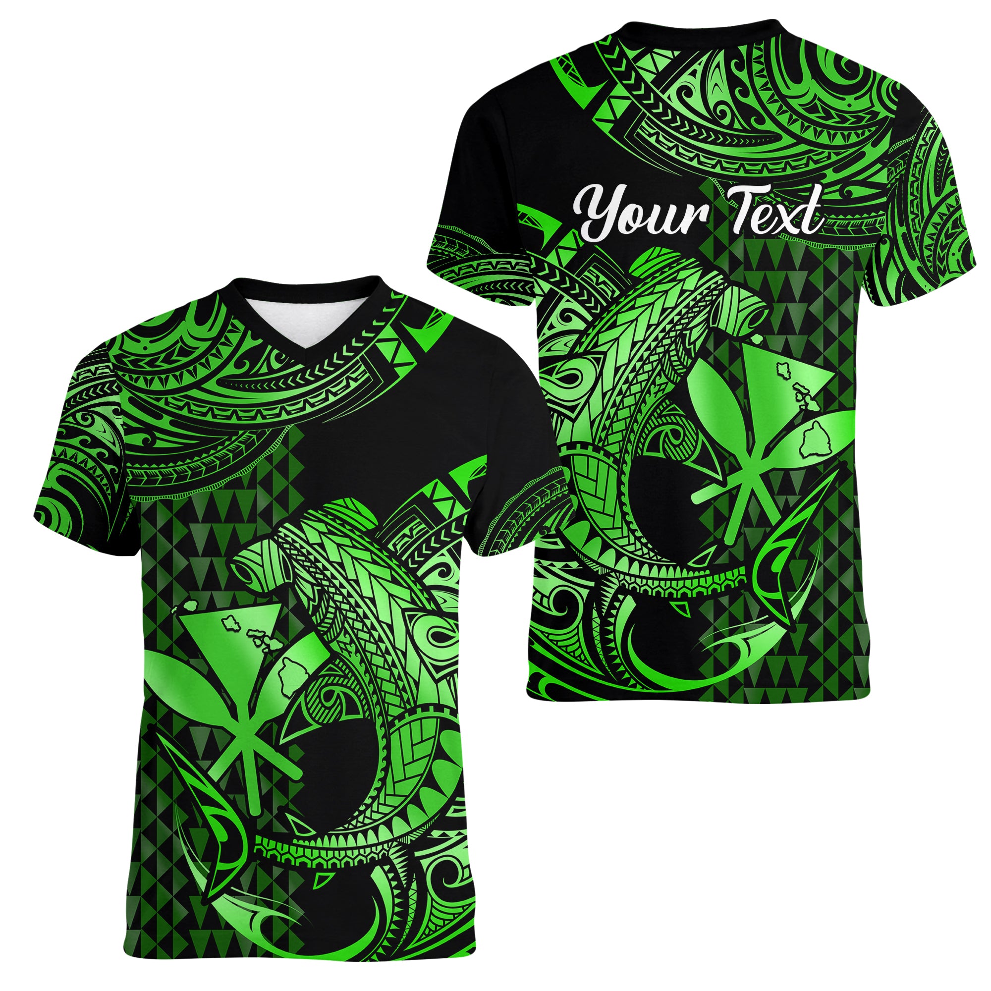 (Custom Personalised) Hawaii Hammerhead Shark Women V Neck T Shirt Polynesian Kakau With Kanaka Green LT14 Female Green - Polynesian Pride