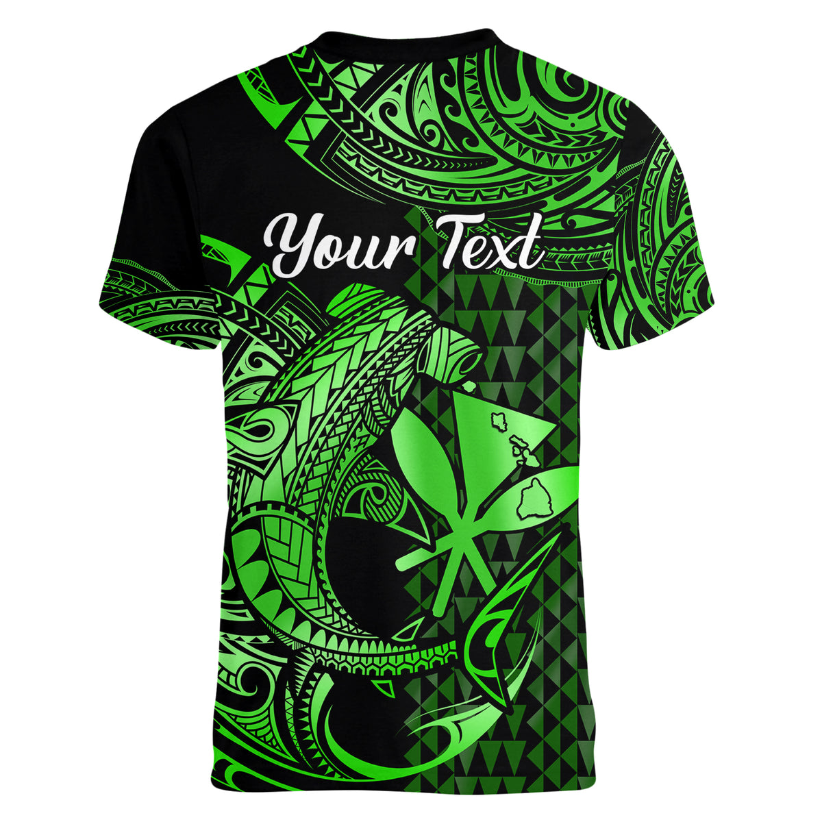 (Custom Personalised) Hawaii Hammerhead Shark Women V Neck T Shirt Polynesian Kakau With Kanaka Green LT14 - Polynesian Pride