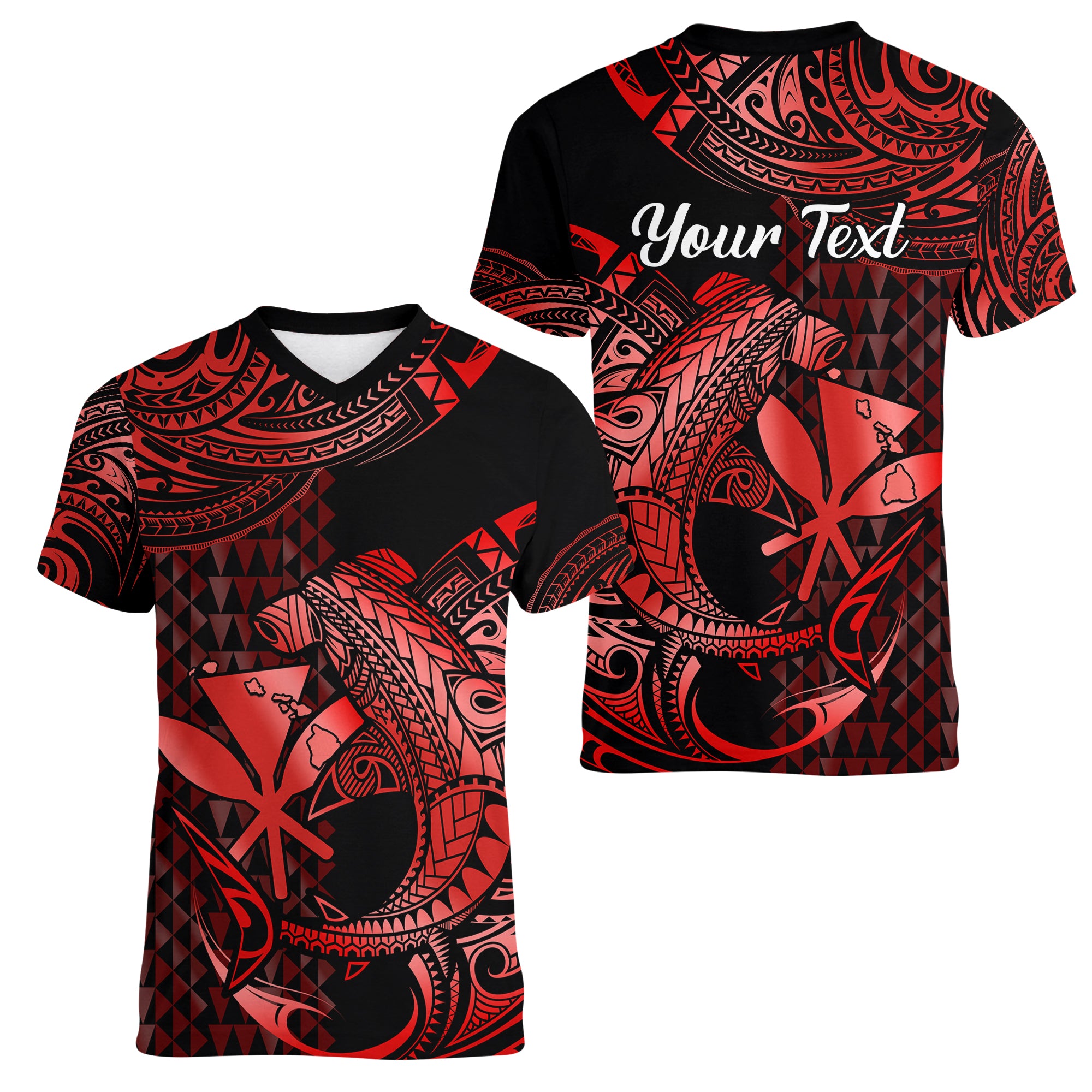 (Custom Personalised) Hawaii Hammerhead Shark Women V Neck T Shirt Polynesian Kakau With Kanaka Red LT14 Female Red - Polynesian Pride