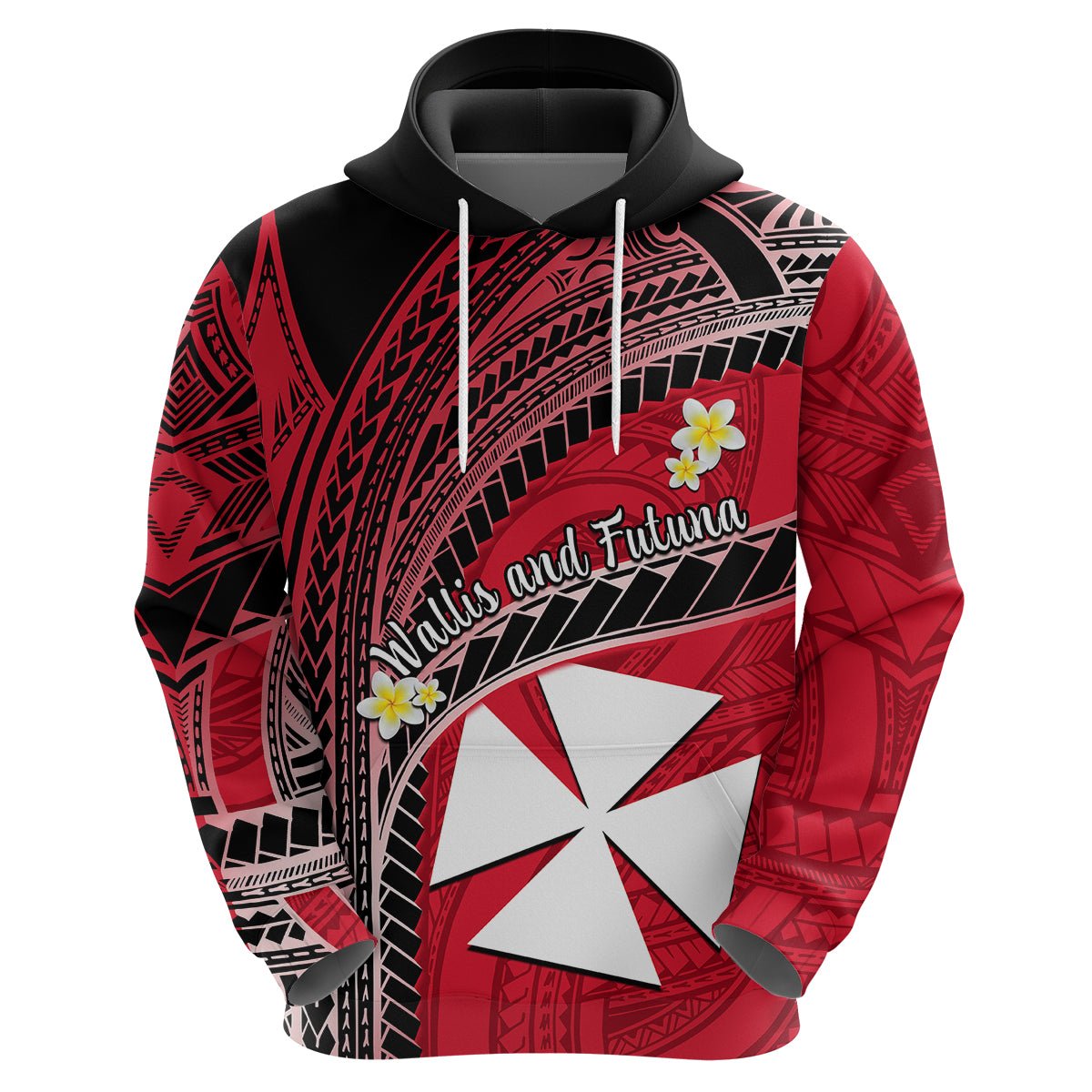 Wallis and Futuna Hoodie Plumeria Flowers With Red Polynesian Pattern LT14 - Polynesian Pride