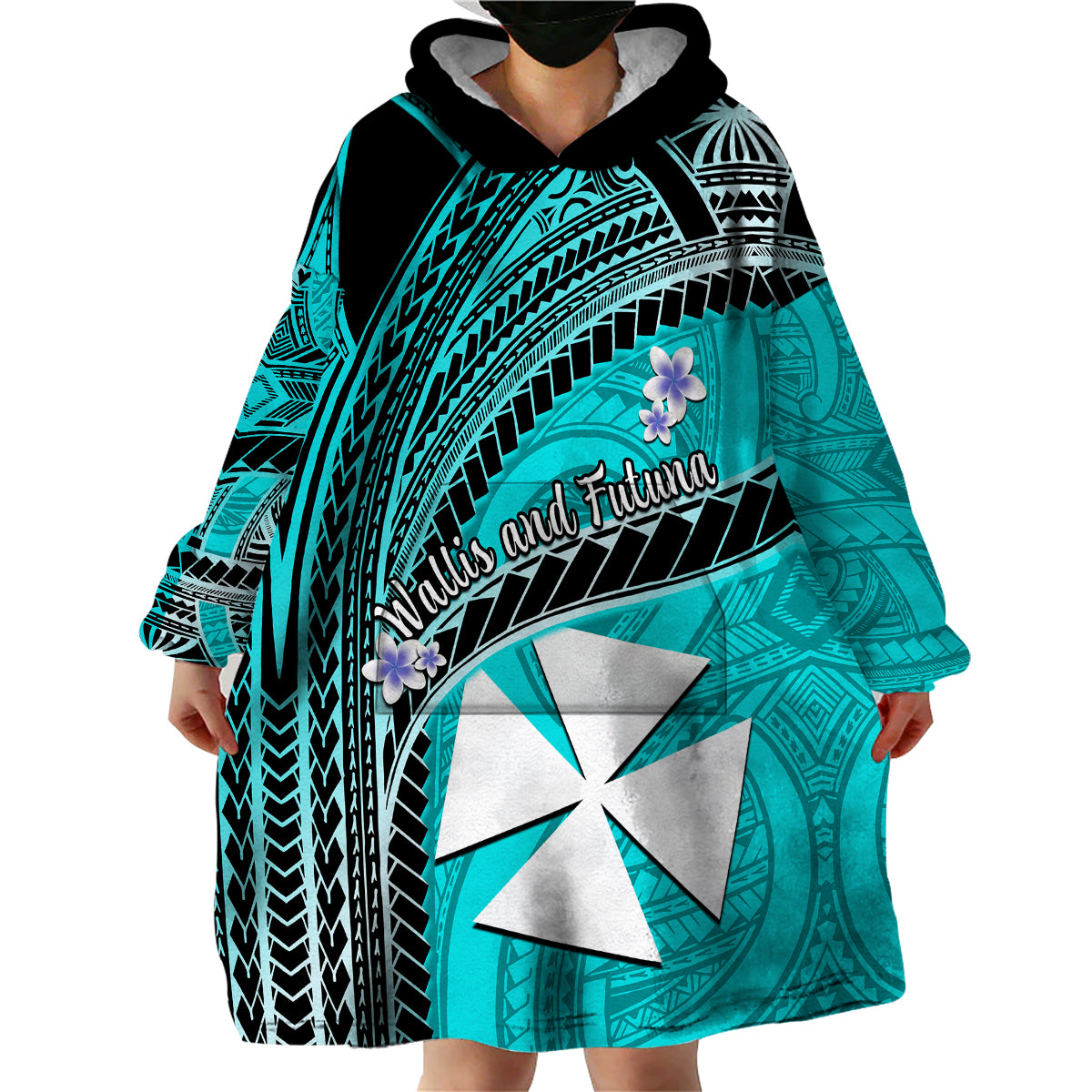 (Custom Personalised) Wallis And Futuna Wearable Blanket Hoodie Plumeria Flowers With Turquoise Polynesian Pattern LT14 - Polynesian Pride