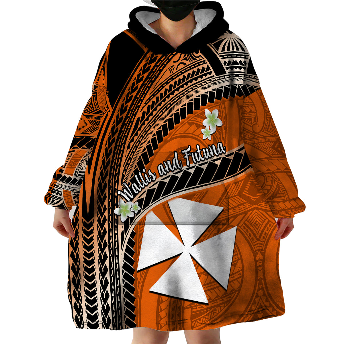 (Custom Personalised) Wallis And Futuna Wearable Blanket Hoodie Plumeria Flowers With Orange Polynesian Pattern LT14 - Polynesian Pride